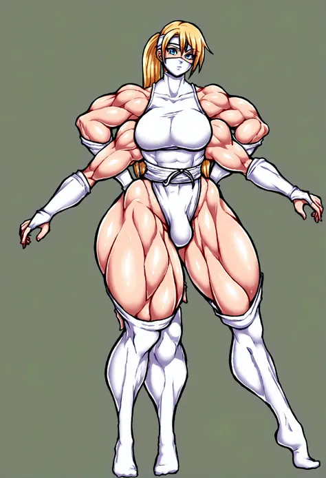 Ninja femboy, long blonde hair, blue eyes, gigantic muscular body, white ninja outfit, big breasts, white ninja mask, 4 arms, full body.