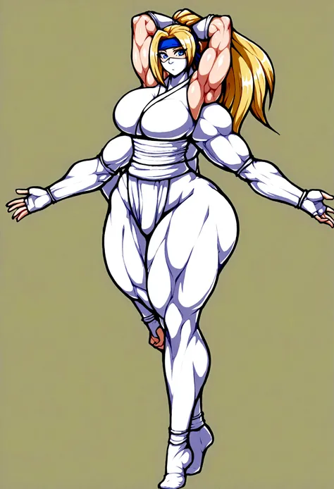 Ninja femboy, long blonde hair, blue eyes, gigantic muscular body, white ninja outfit, big breasts, white ninja mask, 4 arms, full body.