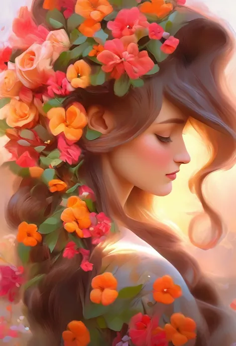 Painting of a beautiful woman in profile with long hair and flowers in her hands, Beautiful digital illustrations, Beautiful artwork illustration, Amazing digital illustrations, Beautiful digital artwork,  Amazing digital art, Exquisite digital illustratio...