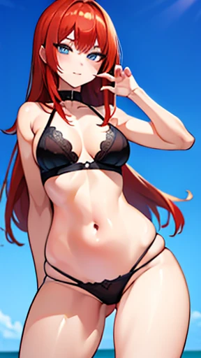 Sexy redhead girl with blue eyes, pose sexy, long hair, anime style, in black underwear with little clothing, Sin blaze 