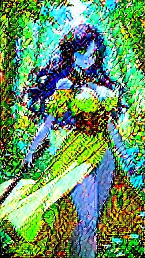 Celtic woman, sparkling green eyes, red curly hair, big boobies, wearing green dress, holding a staff in a beautiful forest 