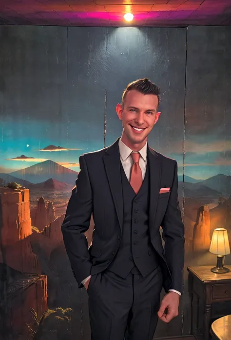 (solo), RAW Photo, photo of man Todder8 in a room at twilight wearing classic dapper clothes, (wearing suit), glow of the setting sun, vibrant ambiance, desert mountains, neon lights, music, (jet magazine), male, smiling, looking at camera short hair, Todd...