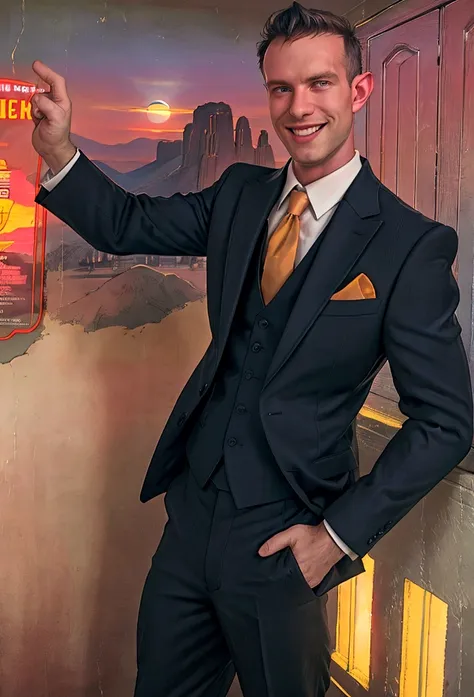 (solo), RAW Photo, photo of man Todder8 in a room at twilight wearing classic dapper clothes, (wearing suit), glow of the setting sun, vibrant ambiance, desert mountains, neon lights, music, (jet magazine), male, smiling, looking at camera short hair, Todd...