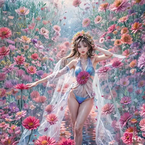 Crimson, White in Pearly RainbowColors,ExtremelyDetailed(ProfessionalPhoto of Girl Floating in the Sky:1.37)ZoomLayer{Stunning|Mystic|GodRays|Haze}, 280th floor infinity pool, Tallest building in the urban forest {Carnation|Tulips|(Rose)}, (Masterpiece 8K ...