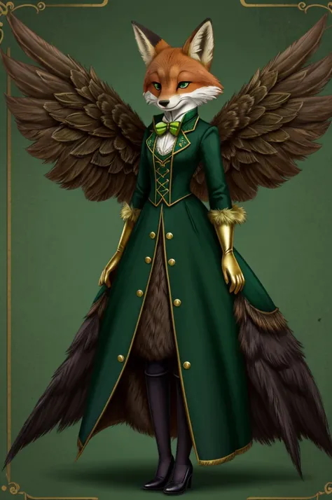 Furry anthropomorphic zootopia style fox with Victorian clothes, wings, and a deep emerald green and gold color scheme