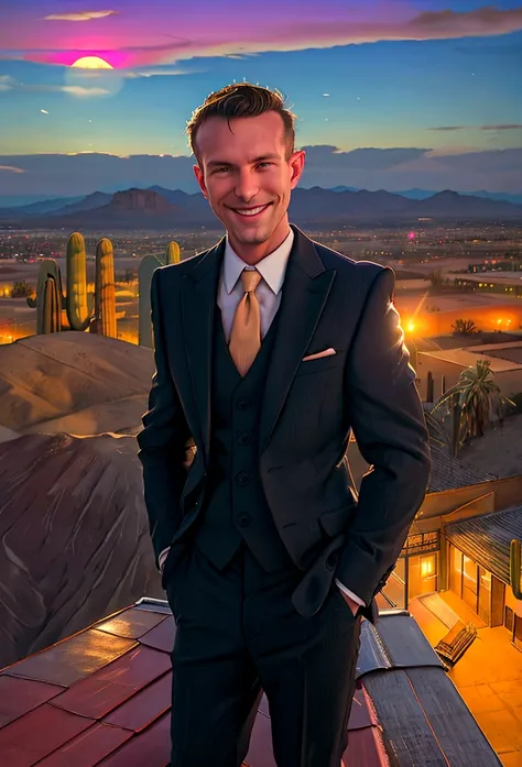 (solo), raw photo, photo of man todder8 on a rooftop overlooking a small city at twilight wearing classic dapper clothes, (weari...