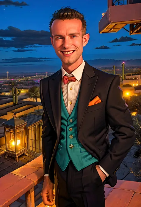 (solo), raw photo, photo of man todder8 on a rooftop overlooking a small city at twilight wearing classic dapper clothes, (weari...