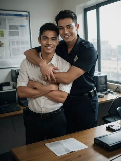 inside a police office with computer, two male smiling and holding each other shoulder standing, there is a gun on the table.