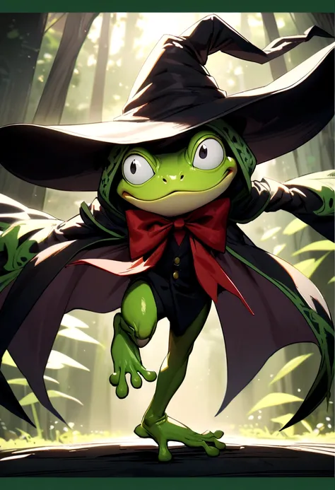 Green and white frog, walks on 2 legs, black eyes, wears a black magicians hat with green border, red bow tie, and a sinister smile