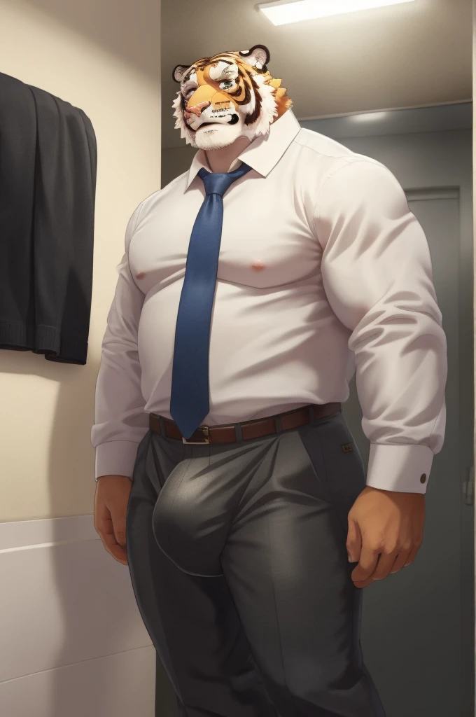 Author: bontiage, (1 boy), One, tiger, big bulge crotch, boner, pants, long sleeve plain shirt, necktie, Mens Second, kemono, hot body, muscle, Beautiful, sexual, Attractive guy, (Detailed black eyes), brows, (masterpiece, A high resolution, Best quality),...