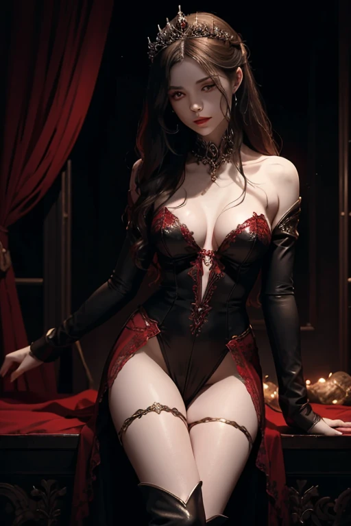 Describe a scene where a female vampire from the Tremere clan, with aristocratic features and mesmerizing eyes, is to seduce someone in a dark and mysterious environment. She is dressed in elegant clothes and displays an aura of power and mystery.... Your ...