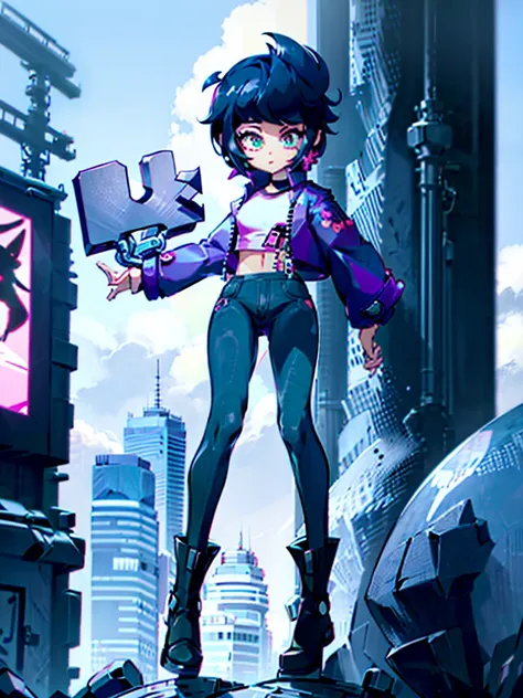 bibibs, 1girl, black hair, short hair, cross earrings, purple jacket, pink shirt, crop top, black pants, black boots,uhd