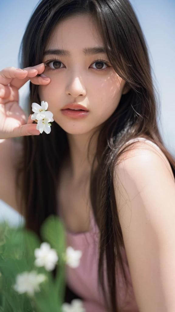 (((Ultra-high resolution、Close-up、Cute Japanese Woman)))、Long, straight black hair frames her face、So that every single hair is clearly visible、Depicts subtle color changes depending on the amount of light hitting the subject、The skin is white and smooth、H...