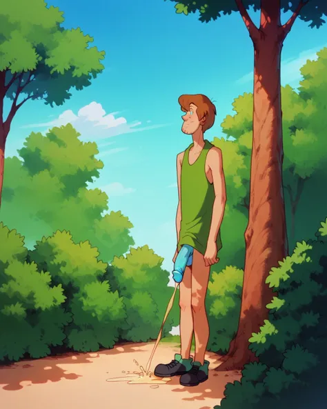 scoobydoo, shaggy rogers, tank top, relaxed, outside, standing, bushes, bottomless, legs together, long penis, eyes looking down...