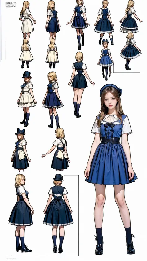 ((masterpiece)),(((Highest quality))),((Character design sheet)),Thin thighs,Long legs,whole body:1.5，Blonde fluffy long hair、blue eyes、white、 beautiful girl、Young girl、Black Lolita Fashion