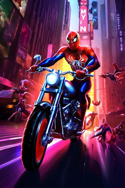 a detailed photo of spider-man riding a spider-man themed motorcycle on the streets of new york city, dynamic action pose, dramatic lighting, cinematic angle, highly detailed, intricate mechanical details, realistic rendering, digital art, concept art
