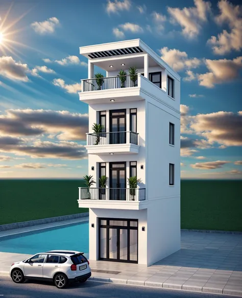 1 neoclassical style townhouse, beautiful cloudy sky, daylight, in front there is a road, there are cars, there are people, extr...