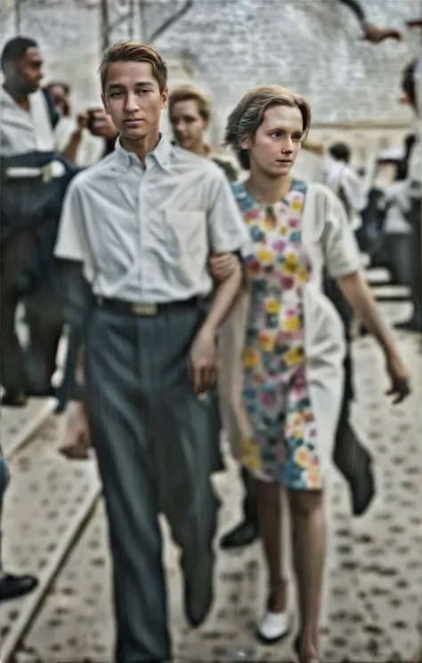 this image depicts a group of people walking on a street, with a focus on a man and woman who are walking closely together.