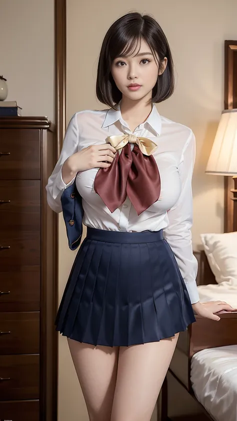 ((beautiful images from head to toe)), ((standing)), ((high  girl)), ((high school uniform)), ((navy pleated skirt)), ((white bl...