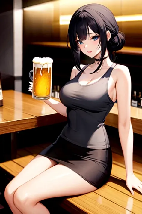 create an anime girl in a black miniskirt with white underwear 26 years old sitting on a bench wearing a white tank top and holding a mug of beer in a luxurious bar landscape