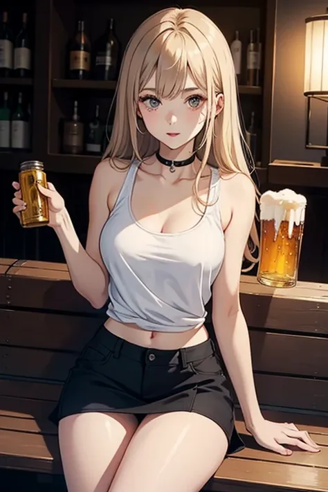 create an anime girl in a black miniskirt with white underwear 26 years old sitting on a bench wearing a low-cut blouse, white woman in tank tops and holding a jar of beer in a luxurious bar landscape