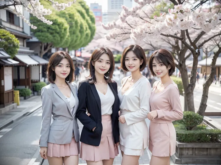 3 woman,commemorative photograph,a 3 woman in a retro mini skirt, looking at the viewer, smiling, in front of cherry blossoms in...