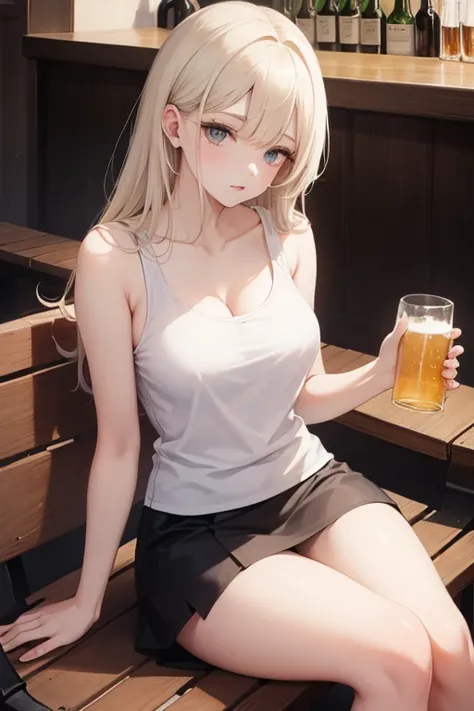 create an anime girl in a black miniskirt with white underwear 26 years old sitting on a bench wearing a low-cut blouse, white woman in tank tops and holding a jar of beer in a luxurious bar landscape