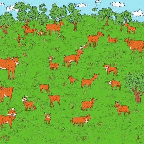 cartoon drawing of a cow standing next to a tree in a field, drawn in microsoft paint, cat in the forest, a cat, art in the styl...