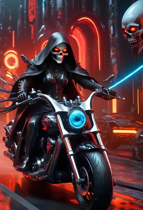 a heavily armored grim reaper riding a dark futuristic motorbike、detailed skull face、flowing black cloak、red glowing eyes、skelet...