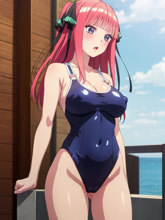 best quality, insanely detailed, nino nakano, breasts, one-piece swimsuit, nipple, pussy