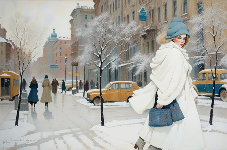 Painting of a woman, walking along a snowy city street, style of Stanislav Nikireev, Bernie Fuchs, Istvan Arkossi, ( Art Fitzpatrick ), Peter Helk, Ovsep Pushman, Istvan Russia, Max Walter Swanberg, inspired by John Brack, inspired by Vasily Vereshchagin