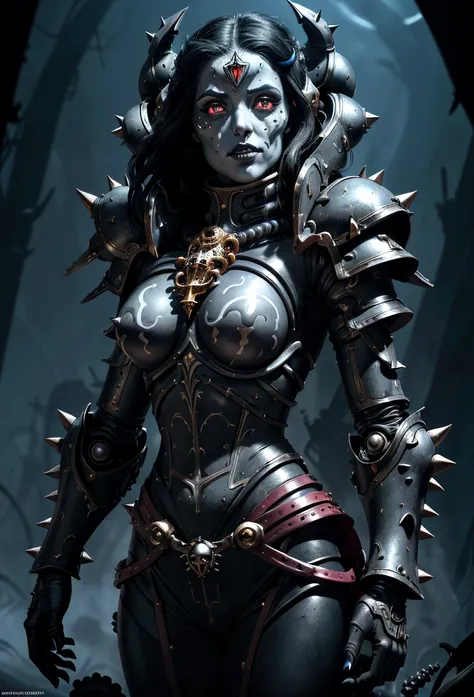 a gorgeous adepta sororitas from the movie tron, glowing skull armor, spikes, teeth, monster, dirty tentacles, pus pimples, crac...