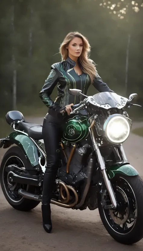 un portrait hyperréaliste d’une sublime femme royale heureuse et rayonnante conduisant une moto futuriste, motorcycle très détai...