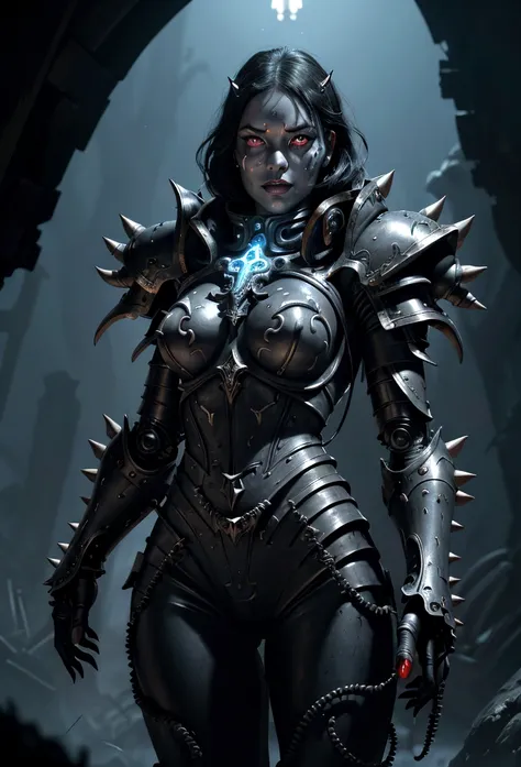 a gorgeous adepta sororitas from the movie tron, glowing skull armor, spikes, teeth, monster, dirty tentacles, pus pimples, cracked truenurgle, detailed face and eyes, beautiful lips, extremely detailed, 1girl, oil painting, concept art, dark fantasy, cine...