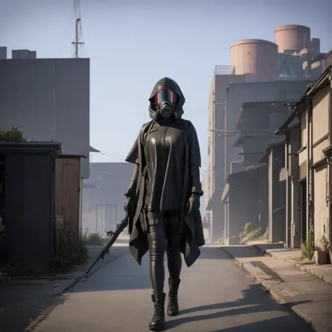 she is walking in middle of a street dressed in black and wearing a gas mask, abandon city with only one power nuclear plant in ...