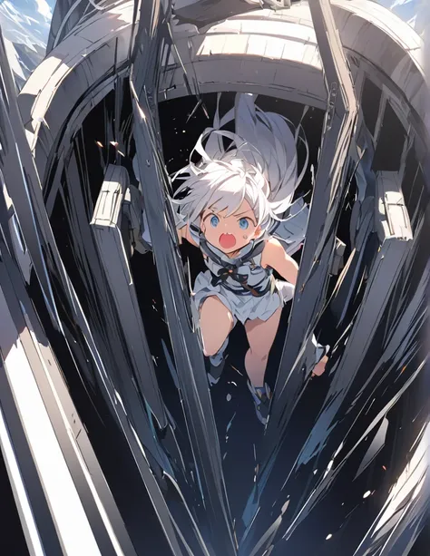 A white-haired girl screams in the cockpit of a giant weapon.
