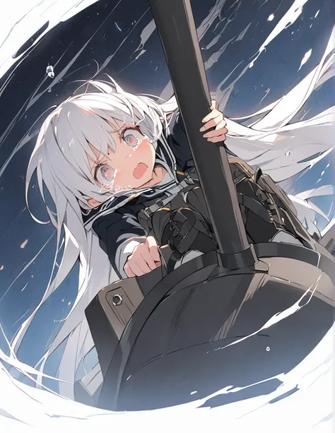 A white-haired girl crying in the cockpit of a giant black weapon
