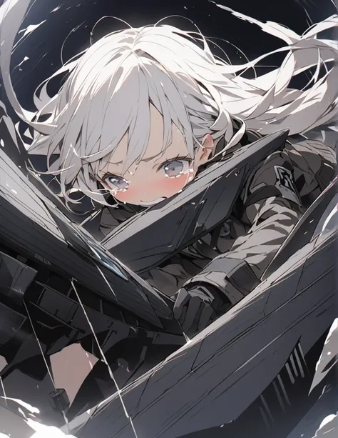 A white-haired girl crying in the cockpit of a giant black weapon
