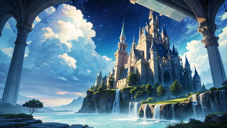 A high-quality, 3D anime-style artwork depicting a fantastical sky cityscape. At its center is a sparkling, crystal-like castle floating in the vast sky. The castle is decorated in emerald and gold, with clouds and light particles floating around it. The b...