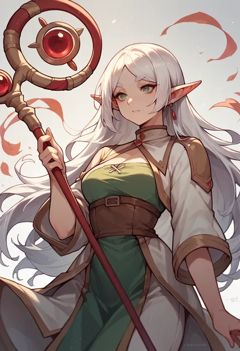 elf girl white hair, with a magic staff nature background,