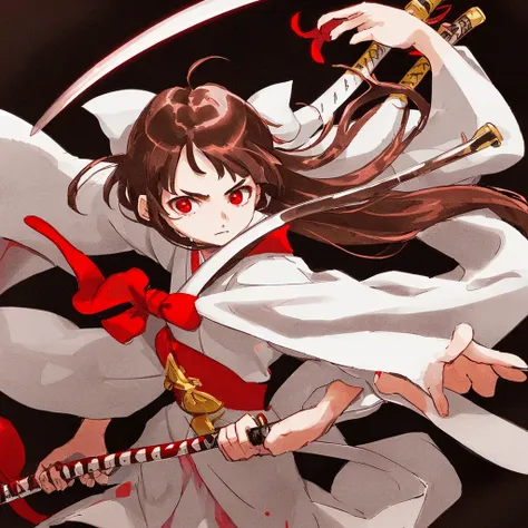  14 years old, White kimono with red bow, holding a katana, dark brown long hair,