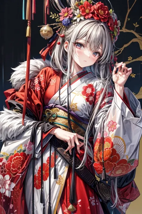 (masterpiece, Highest quality) Carefully crafted character sheets, Depicts a woman in a red kimono decorated with intricate floral patterns. She has a Japanese umbrella, Decorated with beautiful flowers, Protect yourself from rain. each detail, From the fo...