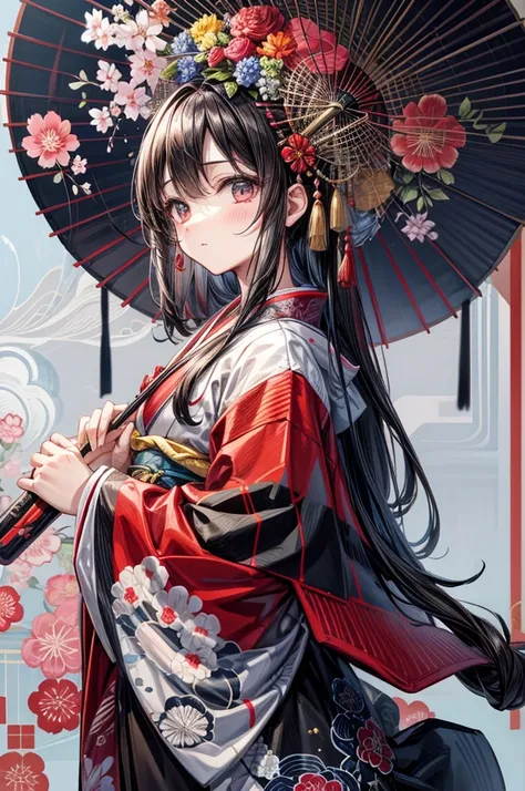 (masterpiece, Highest quality) Carefully crafted character sheets, Depicts a woman in a red kimono decorated with intricate floral patterns. She has a Japanese umbrella, Decorated with beautiful flowers, Protect yourself from rain. each detail, From the fo...