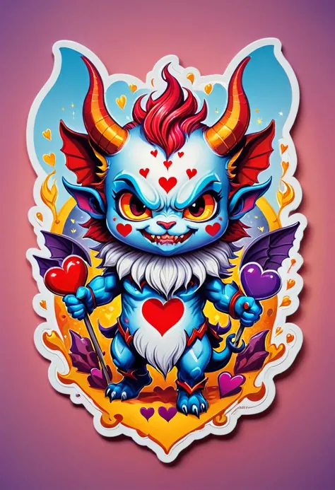 Cute stickers, cartoon style, cute super deformed character, white frame, high quality, colourful, Detailed illustration of a cute demon with hearts, stunning full colou