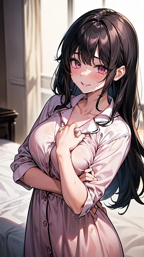 (best quality:1.1), (Masterpiece:1.2), hot lady, long hair, black hair, Hair bow, ถักเปีย, pink eyes, ((beautiful breasts:1.3)),  beautiful, cute, Bright face, Good mood, ((pajamas dress)), ((very wet 💦💦💦)), ปากอมชมพู, ยิ้ม, ((เขินอาย,หน้าแดงแป๊ด)) ((bedro...