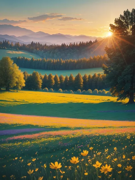 a view of a field of flowers with trees in the background, sunny meadow, summer meadow, meadow with flowers, the brilliant dawn on the meadow, serene field setting, meadow in the forest, southern wildflowers, spring early morning, in a meadow, summer morni...