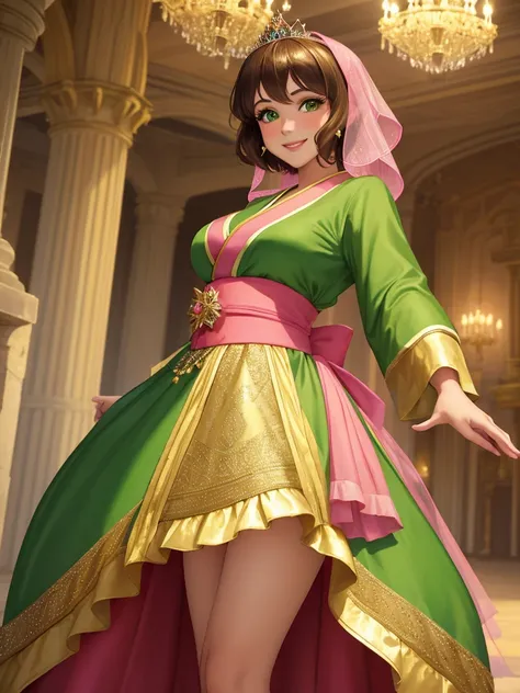 masterpiece, best quality:1.2), 1girl, smile, looking at viewer, green eyes, short brown hair, princess, princess dress, wearing puffy pink ballgown reaching the floor, green kimono, golden tiara with veil, standing in ballroom of medieval castle