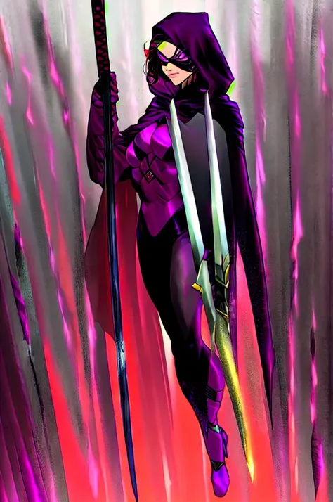 1girl, black hair, black mask, purple eyes, black hood, black cape, black superhero suit, holding two swords