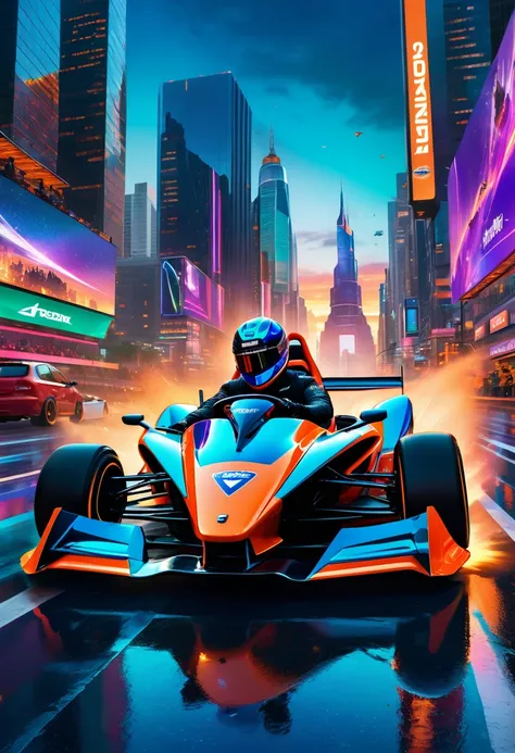 A high-speed kart, rendered in vibrant digital art, tears down a sleek, wet asphalt road, weaving through modern city skyscrapers, their windows and billboards reflecting neon hues of electric blue, cherry red, and emerald green, as the sun sets behind, ca...