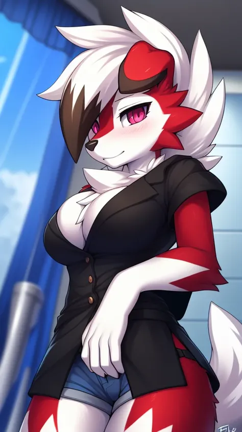 By zinfyu,by twistedscarlet60, uploaded on pixiv, by fluff-kevlar, (masterpiece), (best quality), (solo female:1.2), (extremely detailed:1.3),(detailed eye,black circle on eye,pink eye), lycanroc midnight, view on viewer, close view, shy face, half body on...